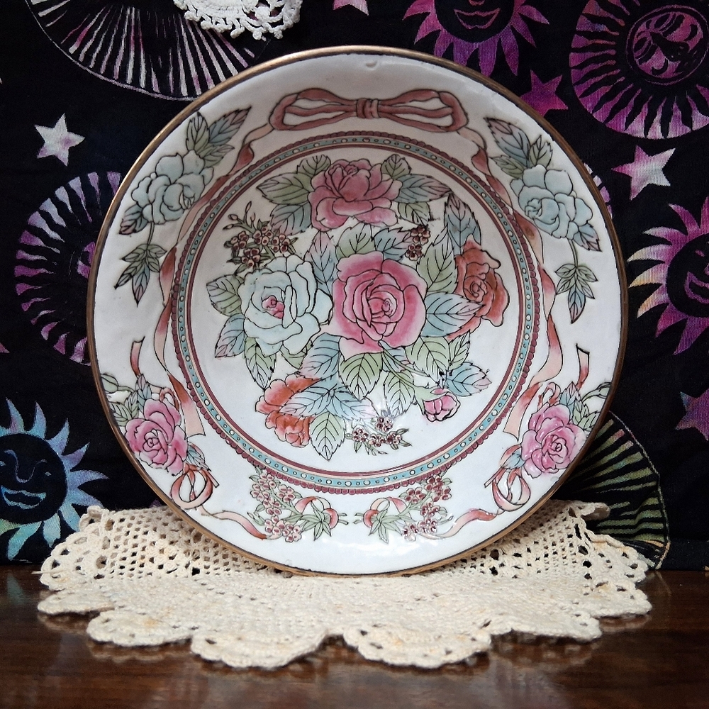 Vintage Chinese Porcelain Bowl Ribbon And Roses Blue And Pink Decor Gold Rim